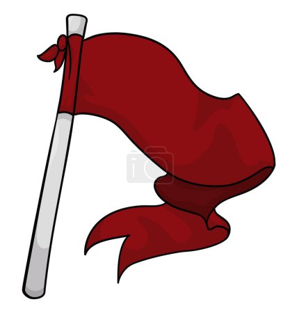 Illustration for Long red fabric like a waving flag with silver flagpole. Isolated design in cartoon style. - Royalty Free Image