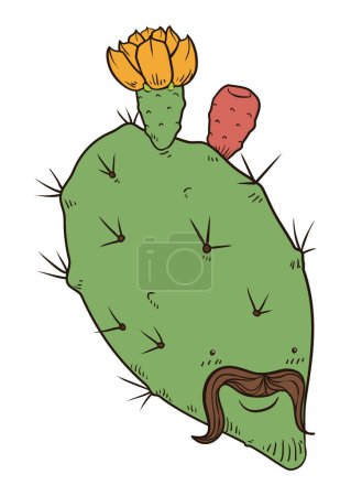 Illustration for Nopal character with yellow flower, red fruit and mustache in flat colors. - Royalty Free Image