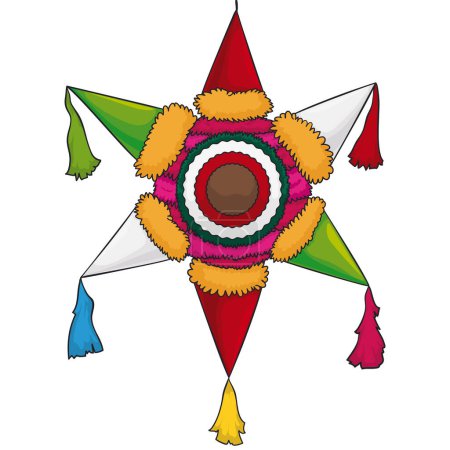 Hanging pinata in the shape of a traditional star, made with colorful papers. Cartoon style design.