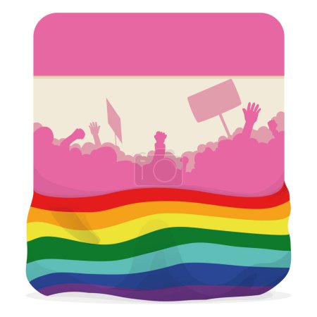 Illustration for Pink calendar with silhouette of protesters wrapped with rainbow flag, Vector illustration - Royalty Free Image