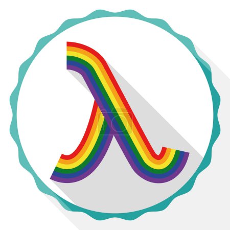 Illustration for Round button with lambda symbol in rainbow colors. Flat style design with long shadow effect to promote LGBTIQ rights. - Royalty Free Image