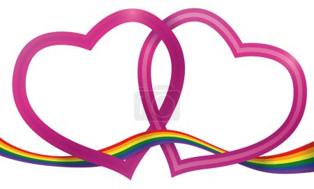 Illustration for Couple of pink hearts entangled with a rainbow ribbon running through them to promote love and diversity. - Royalty Free Image