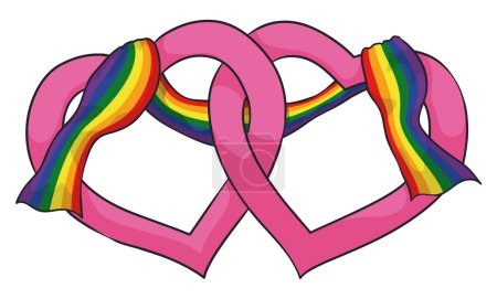 Illustration for Two intertwined pink hearts covered with rainbow flag to celebrate love. Cartoon style design on white background. - Royalty Free Image