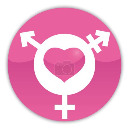 Illustration for Pink round button with transgender symbol and heart icon, isolated on white background. - Royalty Free Image