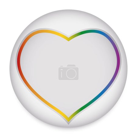 Illustration for Round button with heart shaped frame in the colors of the rainbow to celebrate love during the Pride season. Gradient effect design on white background. - Royalty Free Image