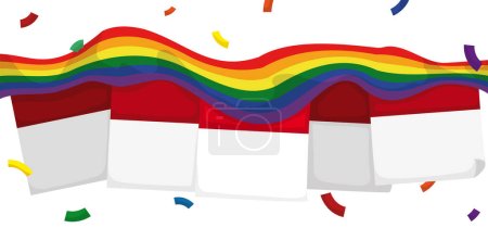 Illustration for Festive design with waving rainbow flag covering five calendar pages and under a festive confetti shower. - Royalty Free Image