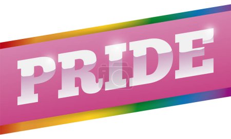 Illustration for Pink slanted sign with labels in the colors of the rainbow flag and glossy Pride message. - Royalty Free Image