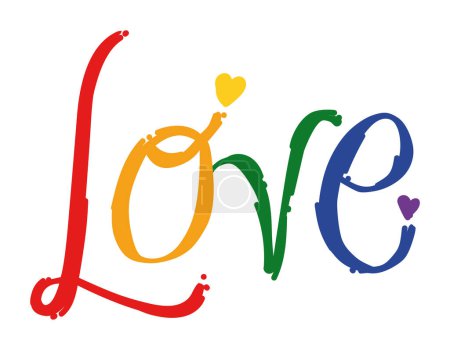 Illustration for Colorful Love word with rainbow flag colors and hearts, celebrating diversity and love. - Royalty Free Image