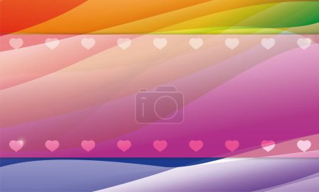 Illustration for Banner with translucent pink label decorated with hearts on a colorful background with abstract waves. - Royalty Free Image