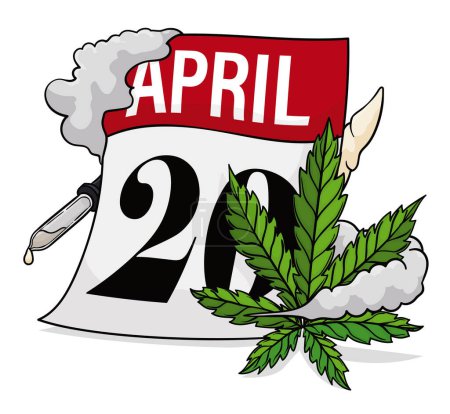 Calendar announcing April 20 or Weed Day with dropper with CBD oil,  joint, smoke and cannabis leaf for 4 20.