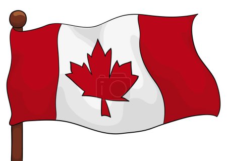 Canadian flag isolated with black and white triband and maple leaf hoisted on wooden flagpole. Cartoon style design.