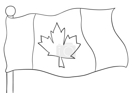 Waving Canadian flag with maple leaf and flagpole in outlines for coloring activities.