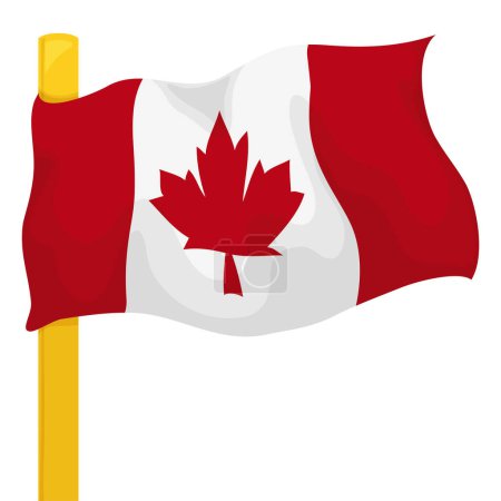 Waving Canadian flag hoisted on a golden flagpole. Cartoon design on white background.