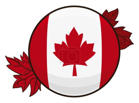 Shiny button with the Canadian flag inside and red maple leaves in cartoon style.