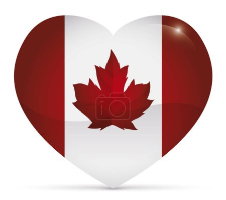 Heart shaped button decorated with Canadian flag inside with glossy effect.