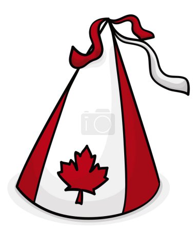 Festive party hat with Canadian design: red and white stripes and maple leaf in cartoon style.