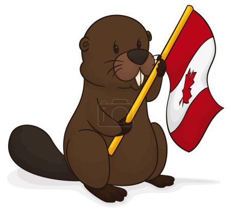 Beaver standing and holding a Canada flag with golden flagpole. Design in cartoon style.