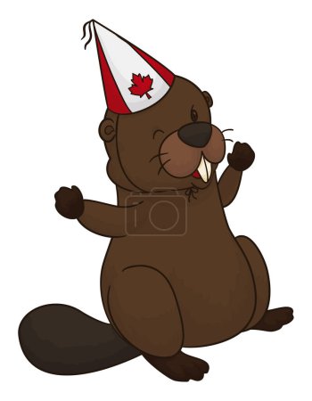 Happy beaver standing and celebrating with a tiny party hat decorated with Canada design in cartoon style.