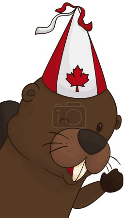 Winking beaver with party hat decorated with maple leaf and colors of Canada in cartoon style.