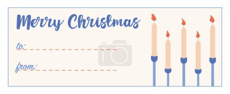 Illustration for Cozy Hygge Christmas greeting card, gift tag, badge, label. Space for text from and to . Sign for a gift box with candles and fire. Merry Christmas - Royalty Free Image