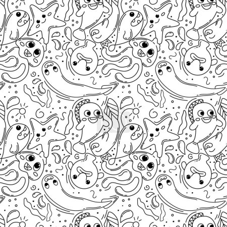 Illustration for Hand-drawn seamless doodle pattern of doodle fish. Hipster abstract doodles with funny creatures. Fish, jellyfish, starfish, blob fish, eel. Kawaii black and white vector pattern for printing. - Royalty Free Image