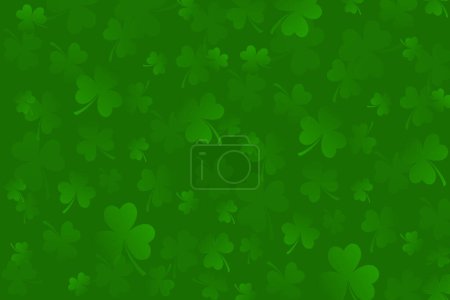 Green clover leaves background. St. Patricks day template. Spring nature backdrop with flying shamrock. Place for text. Vector illustration for poster, flyer, web banner or social media.