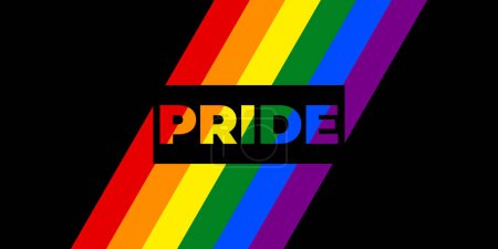 Farbenfroher Stolz-Text auf gestreiftem Regenbogenhintergrund, der LGBTQ-Identität feiert. Abstraktes Banner für den Pride Monat. Vektorillustration.