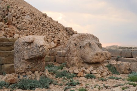 Heads of stone statues, sculptures on the East Terrace of Mount Nemrut, heads of an eagle and a lion, close to Adiyaman, Turkey 2022