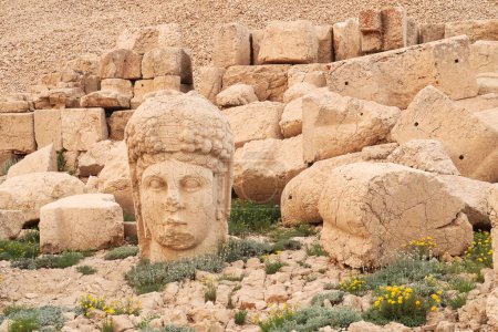 Head of a stone statue, sculpture of the Goddess of Commagene on the West Terrace of Mount Nemrut, close to Adiyaman, Turkey 2022