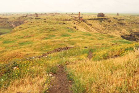 Scenic view from the Citadel onto the ancient site of Ani, an abandoned ruined armenian city, the Mosque of Minuchihr, the Cathedral, the Tigran Honents Church, the Church of St. Gregory and the city wall in the far distance can be seen, Kars, Turkey