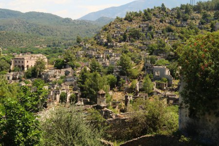 View between the houses on the abandoned village of Kayakoy, Livissi, close to Fethiye, Turkey 2022