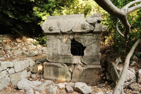 Téléchargez les photos : Sarcophage partiellement brisé d'Antimachos sur l'ancien site d'Olympos, Olympus, près d'Antalya, Turquie 2022 - en image libre de droit