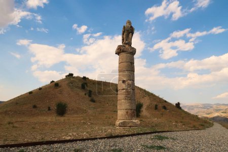 Eagle statue on the southern pillar in front of the Karakus Tumulus, memorial grave of the Commagene Royal Family, close to Adiyaman, Turkey 2022