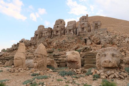 Heads of stone statues, sculptures on the East Terrace of Mount Nemrut, heads of Apollon, Heracles, an eagle and a lion, close to Adiyaman, Turkey 2022