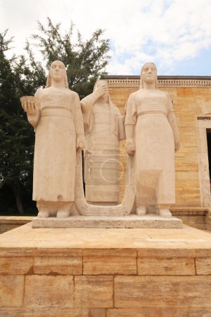 Stone sculpture, statue of turkish women close at the entrance to the Road of Lions in the Anitkabir monument, complex, memorial, Ankara, Turkey 2022