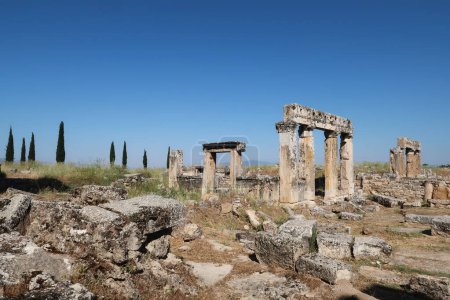 Téléchargez les photos : Structures du Nymphée sur la rue principale des ruines antiques de Hierapolis, Pamukkale, Denizli, Turquie 2022 - en image libre de droit