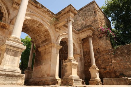 The majestic Hadrians Gate, famous ancient roman landmark in Antalya, Turkey 2022
