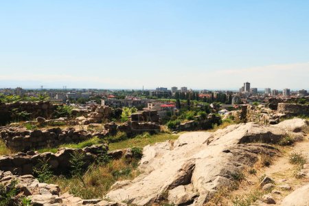 At the archaeological site, complex of Nebet Tepe, view onto the city of Plovdiv, Plowdiw can be seen in the background, Bulgaria 2022