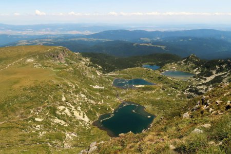 Spectacular view onto the Twin, Bliznaka Lake, the Trefoil, Trilistnika Lake, the Fish Lake, Ribnoto Ezero and the Lower Lake, Dolnoto Ezero, four of the Seven Rila Lakes, situated on a plateau in the Rila National Park, close to Sofia, Bulgaria 2022