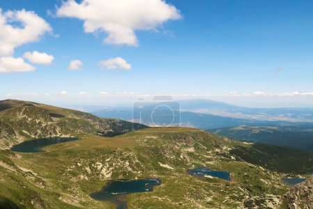 Spectacular view onto the Kidney, Babreka Lake, the Twin, Bliznaka Lake, the Trefoil, Trilistnika Lake and the Fish Lake, Ribnoto Ezero, four of the Seven Rila Lakes, situated on a plateau in the Rila National Park, close to Sofia, Bulgaria 2022