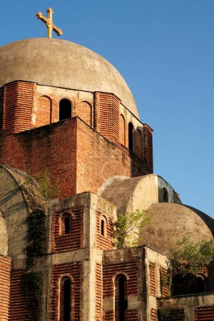 The upper facade and roof, dome of the Christ the Savior Cathedral, Church, an unfinished christian, serbian orthodox cathedral, church in the city center of Prishtina, Pristina, Kosovo 2022