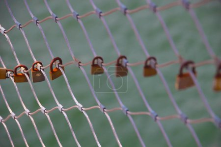 Photo for Photograph of Padlocks on wire mesh. Ritual of couples in love. - Royalty Free Image