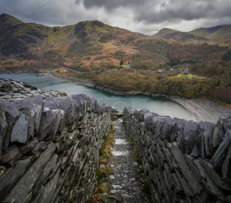 Llyn Peris and Dolbadarn Castle viewed from the slate quarries of Llanberis in North Wales U