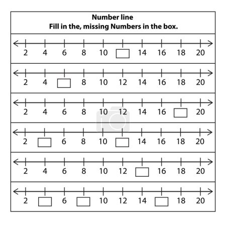 Illustration for Number lines 2 to 20 fill missing numbers activity. Math chart for operations in school education. isolated on white background. Vector graphic illustration - Royalty Free Image