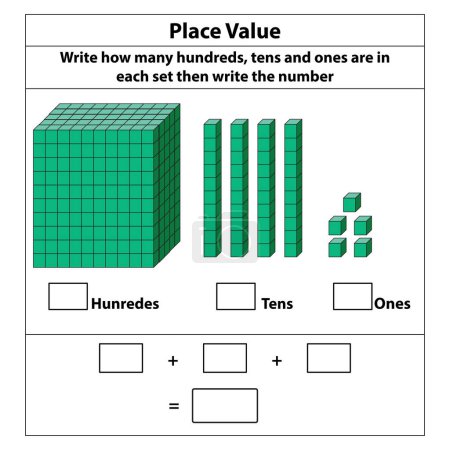 Place Value hundreds tens and ones. 10 blocks. and single blocks. Vector illustration isolated on white background.