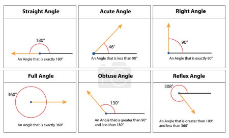 Illustration for All Types of Angle, Straight, Acute, Right, Full, Obtuse, Reflex. isolated on white background. vector illustration. math teaching pictures. - Royalty Free Image