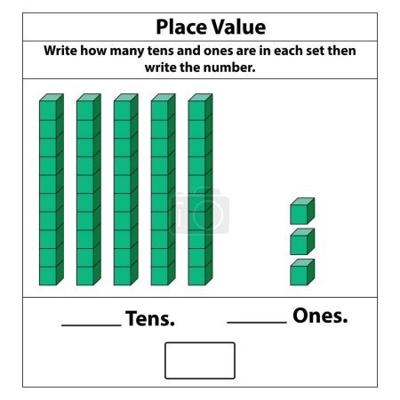 Colocar valor decenas y unos. 10 cuadras. y bloques individuales. Ilustración vectorial aislada sobre fondo blanco.