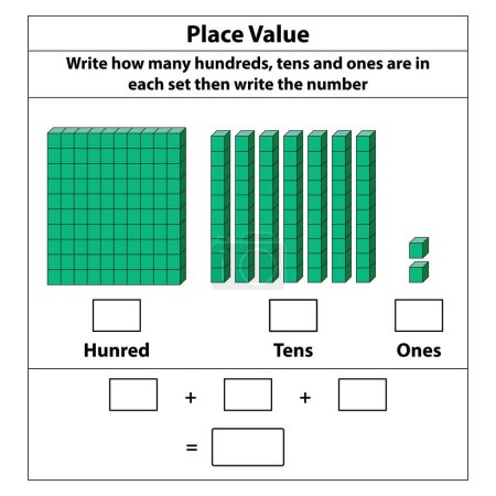 Illustration for Place Value hundreds tens and ones. 10 blocks. and single blocks. Vector illustration isolated on white background. - Royalty Free Image