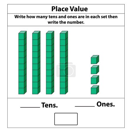 Colocar valor decenas y unos. 10 cuadras. y bloques individuales. Ilustración vectorial aislada sobre fondo blanco.