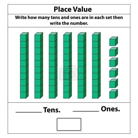 Place Value tens and ones. 10 blocks. and single blocks. Vector illustration isolated on white background.